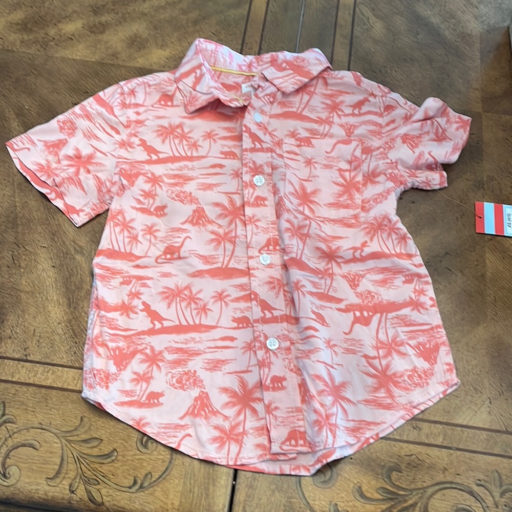 Tropical dinosaur orange button down